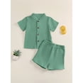 thumbnail image 4 of BemeyourBBs Toddler Baby Boy Summer Clothes 2 Pieces Cotton Linen Outfit Solid Color Mock Neck Short Sleeve Button Down Shirt and Shorts Set, 4 of 9