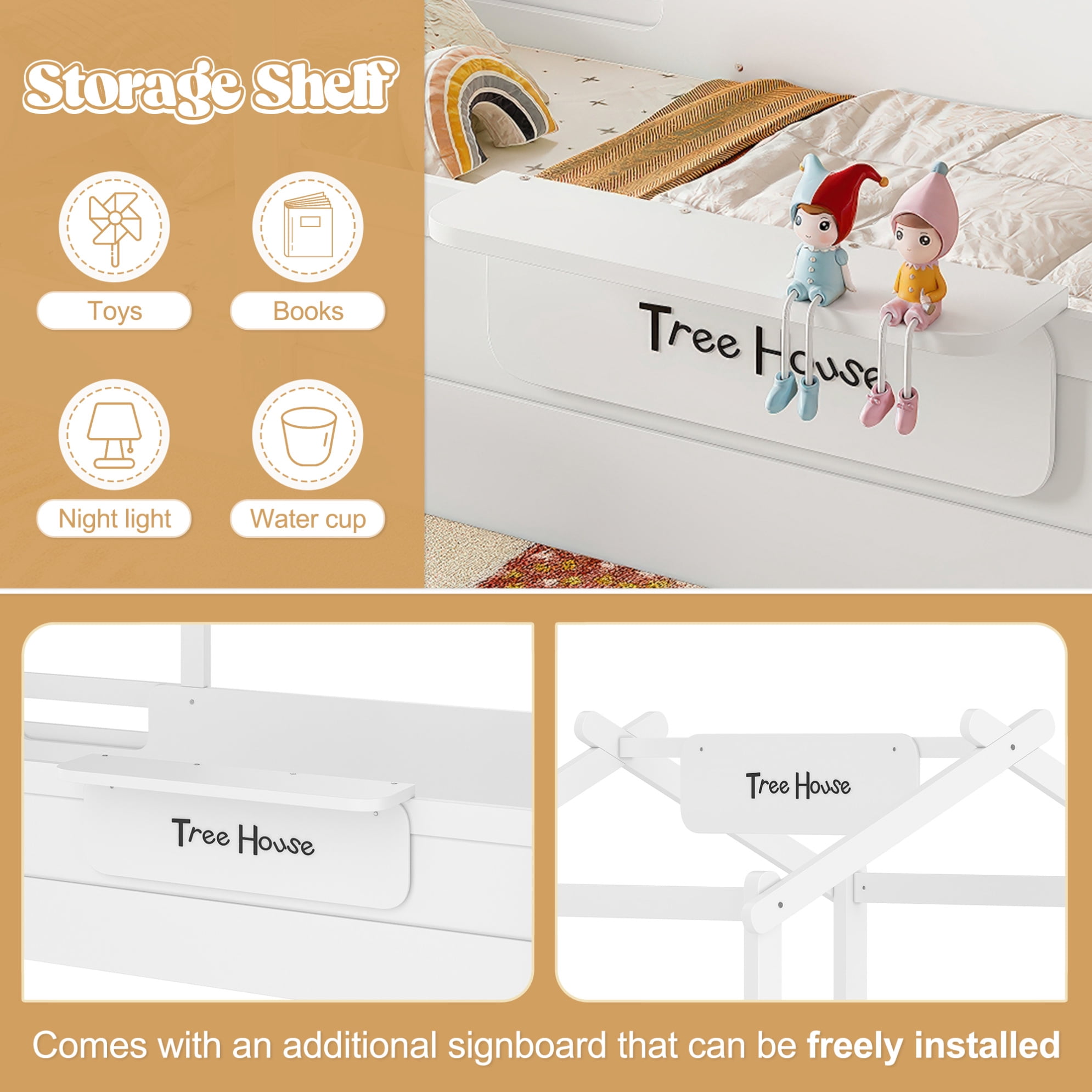 Full House Bed for Kids, Wooden Montessori Floor Bed with Door and Fence, Playhouse Roof Toddler Floor Bed with Built-in Tray for Boys & Girls, White