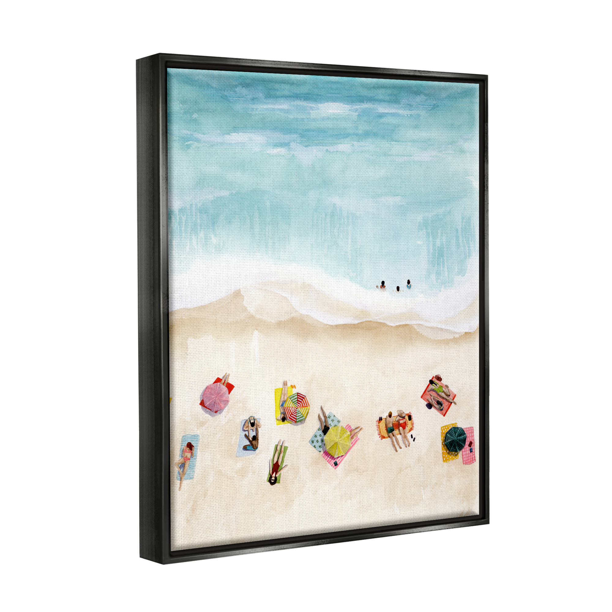 Stupell Industries Summer Beach Day People Swimming Coastal Painting Black Floater Framed Art Print Wall Art
