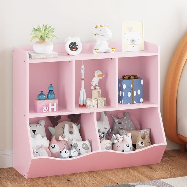Qinaqin Organize en Style 3-Tier de Profundidad Madera Toy Almacenamiento con 5-Section Bookshelf Ideal Gabinete para Guardería Playroom o Dormitorio Rosa Finish