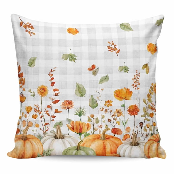 Orange Green Fall Pillow Covers 16x16 Inch Decorative Throw Pillow Cover, Pumpkins Botanical Thanksgiving Grey Plaid Sofa Pillowcases Accent Cushion Case Home Decor Bedroom Living Room