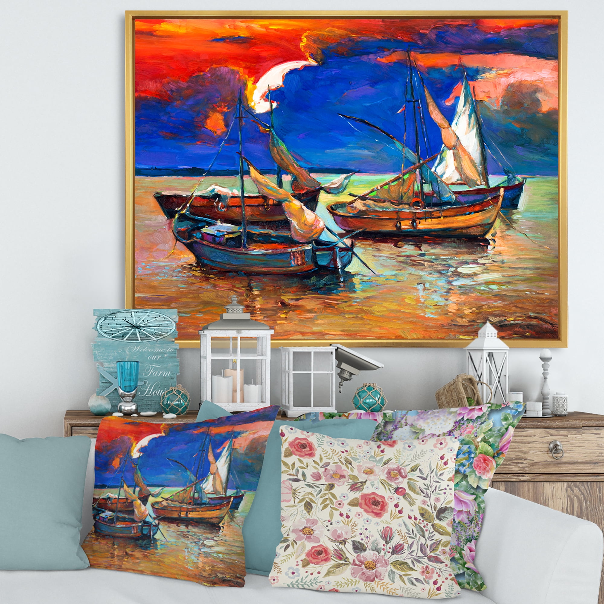 Boats On The Water With Dark Blue Sky I 32 in x 24 in Framed Painting Canvas Art Print, by Designart