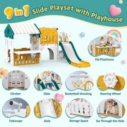 Vipuse 9 in 1 Indoor Infant Toddler Playground Slides Playset with Playhouse for Backyard Home, Yellow & Green