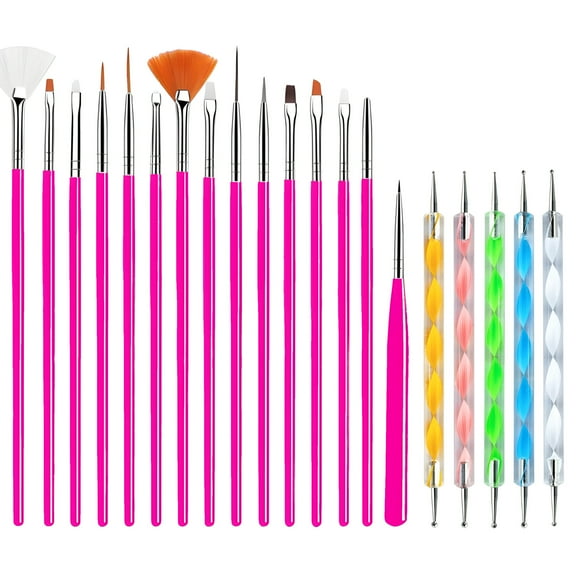 JacobsParts 20-Piece Professional Nail Art Brushes Set, Dotting Tools, Dust Brush, Nail Drawing Pen for Perfect Manicure and Detailed Designs (Rose)