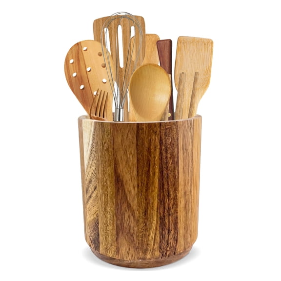Utensil Holder, 360° Rotating Acacia Wooden Cooking Utensil Crock Utensil Organizer Farmhouse Decor for Kitchen Counter