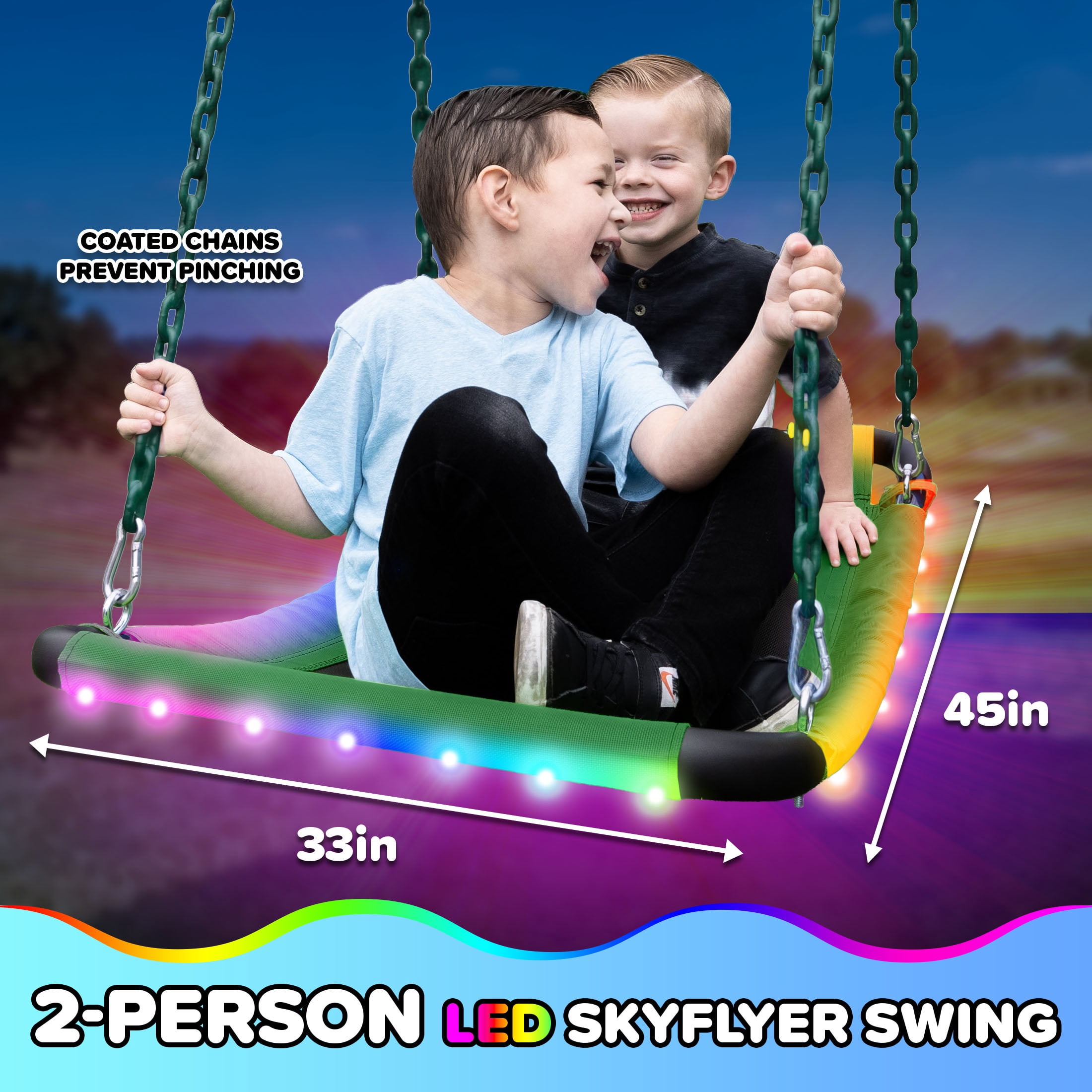 Sportspower Mt. Fuji LED 9.5ft Metal Swing Set for Kids and Adults, Heavy Duty Backyard Playset with Light-Up Swings & 2-Person Skyflyer, Green/White
