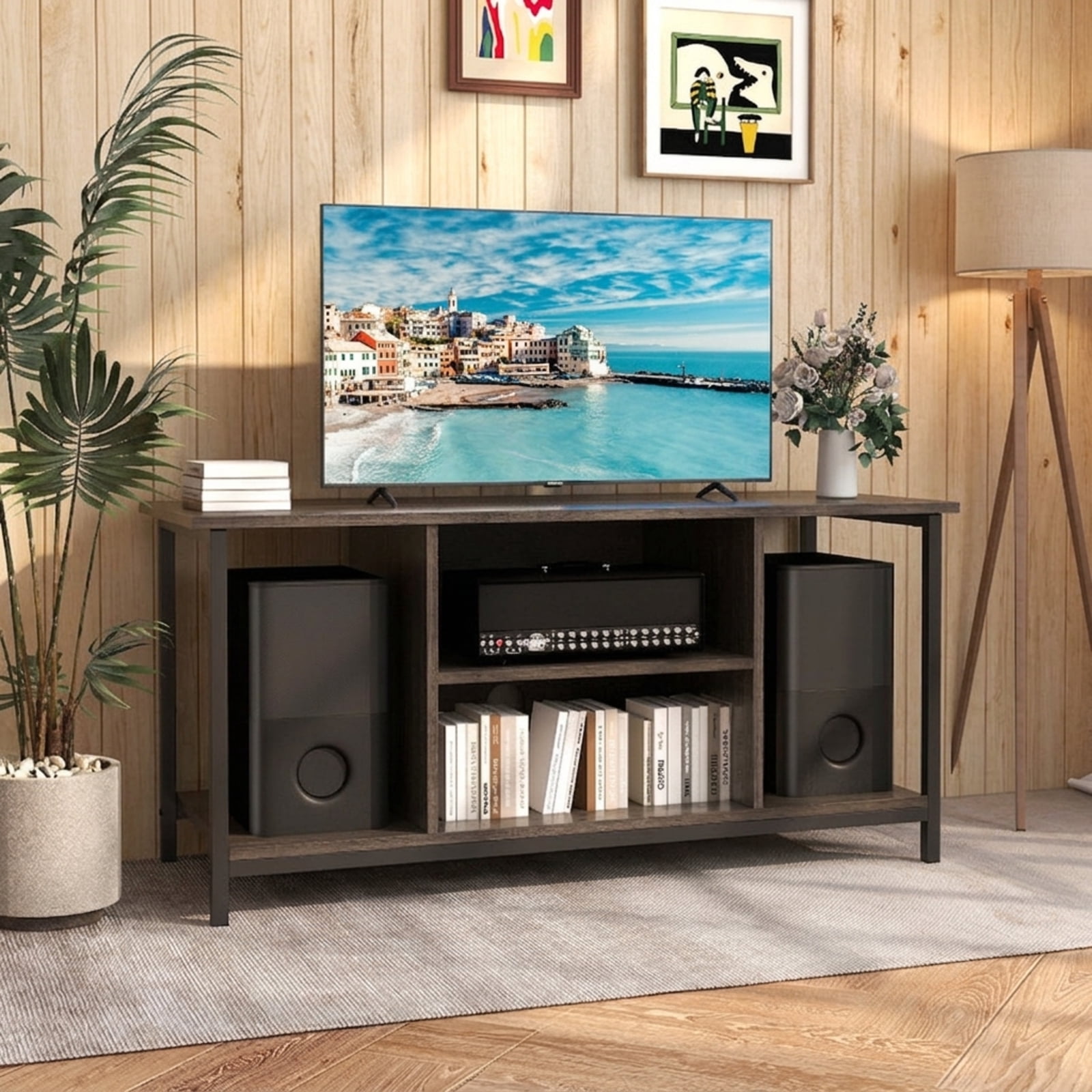 Furnibear 3 Tier TV Stand Entertainment Center with Power Outlet USB Ports and Adjustable Shelf for Living Room Media Storage, Gray