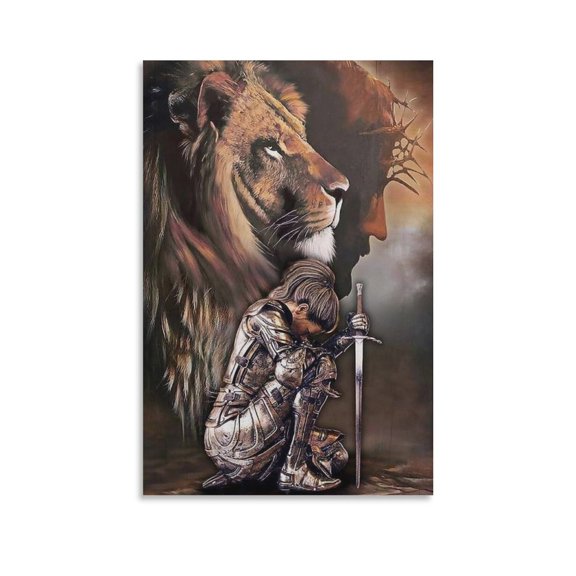 Jesus Lion And Warrior Woman Canvas Painting, God's Warrior Woman Poster, Lion of Judah Wall Art Gifts Canvas Painting Poster Wall Art Decorative Picture Prints Modern Decor 12x18inch(30x45cm)