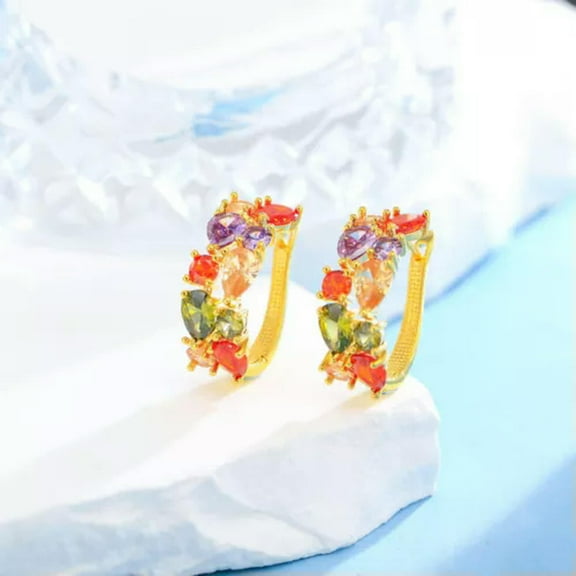 Boho Rainbow Yellow Gold Plated Multicolor CZ Round Drop Cluster Hoop Earrings