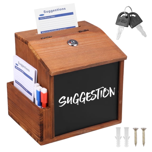 OKYMOTOR Caja de Sugerencias con Ranura y Candado, Caja de Donación de Madera con 10 Tarjetas de Sugerencia y 3 Bolígrafos Borrables, 8.11 X 6.5 X 7.76in