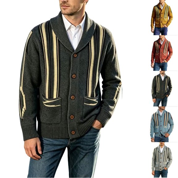 Tsivenald Mens Shawl Collar Button Front Striped Knit Cardigan Long Sleeve Casual Sweater with Pockets