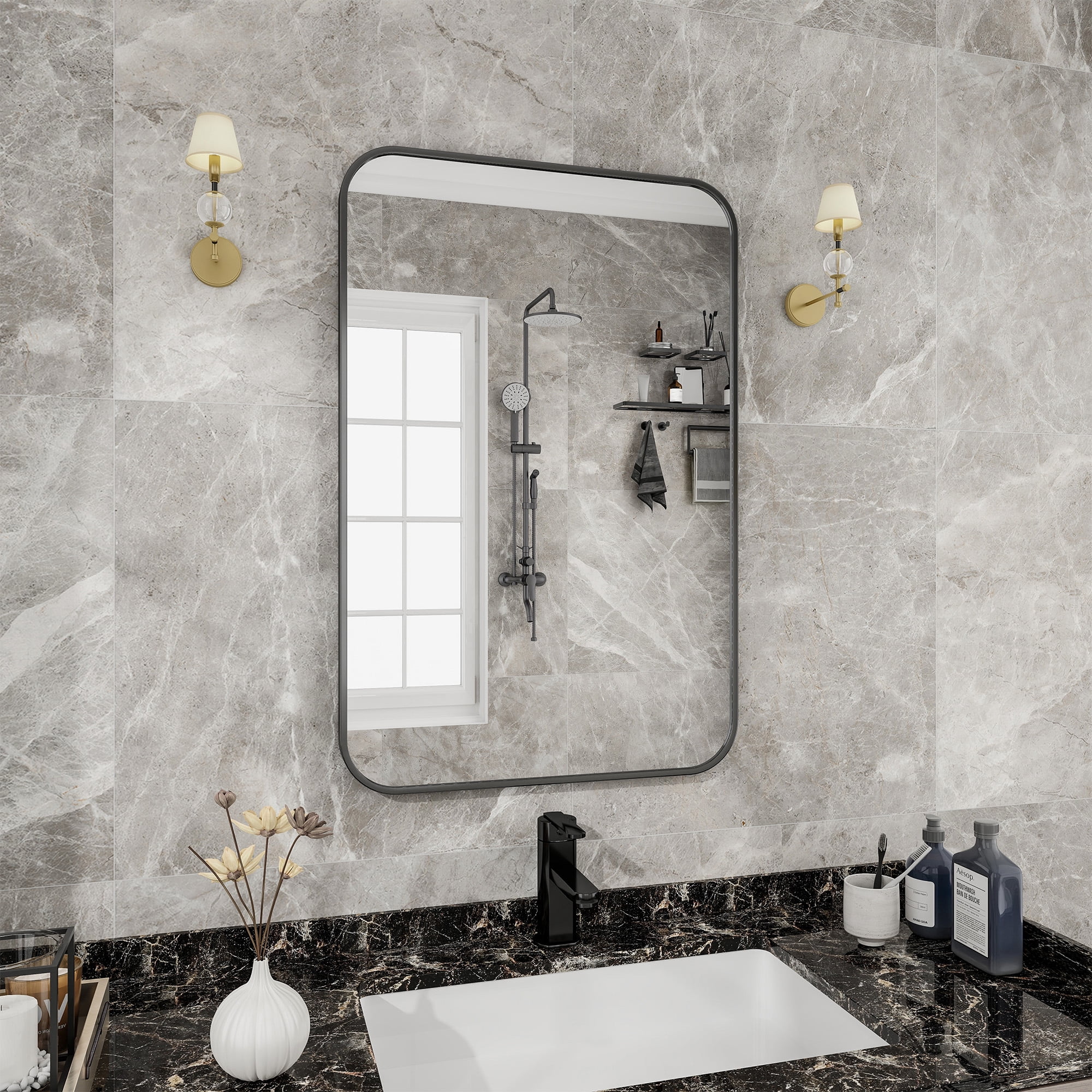Puremirror 20"x28" Bathroom Mirror Rectangular Wall-Mounted Mirror with Metal Frame, Black
