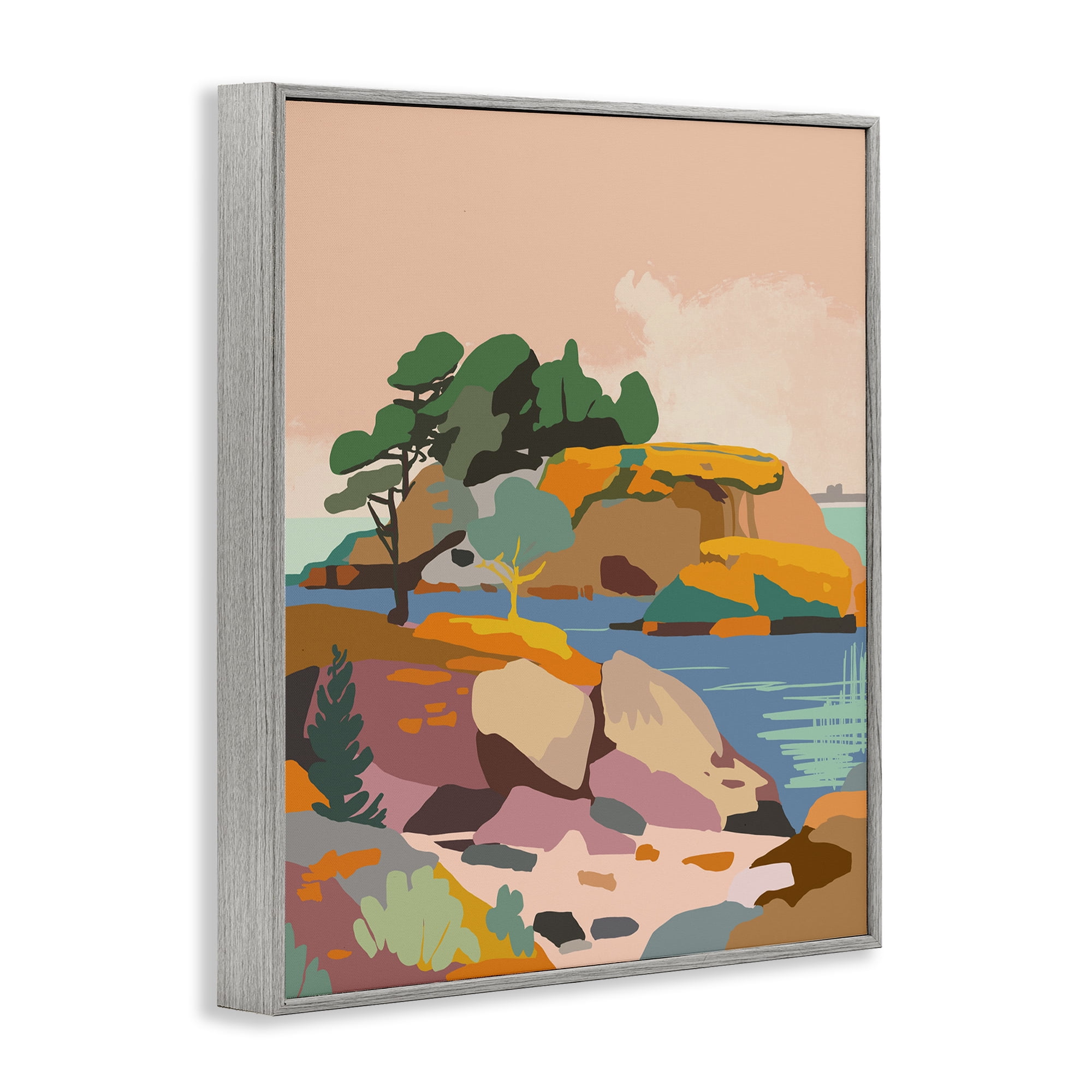 Stupell Industries Abstract Lake & Cliffs Landscape Painting Gray Framed Art Print Wall Art, 24 x 30