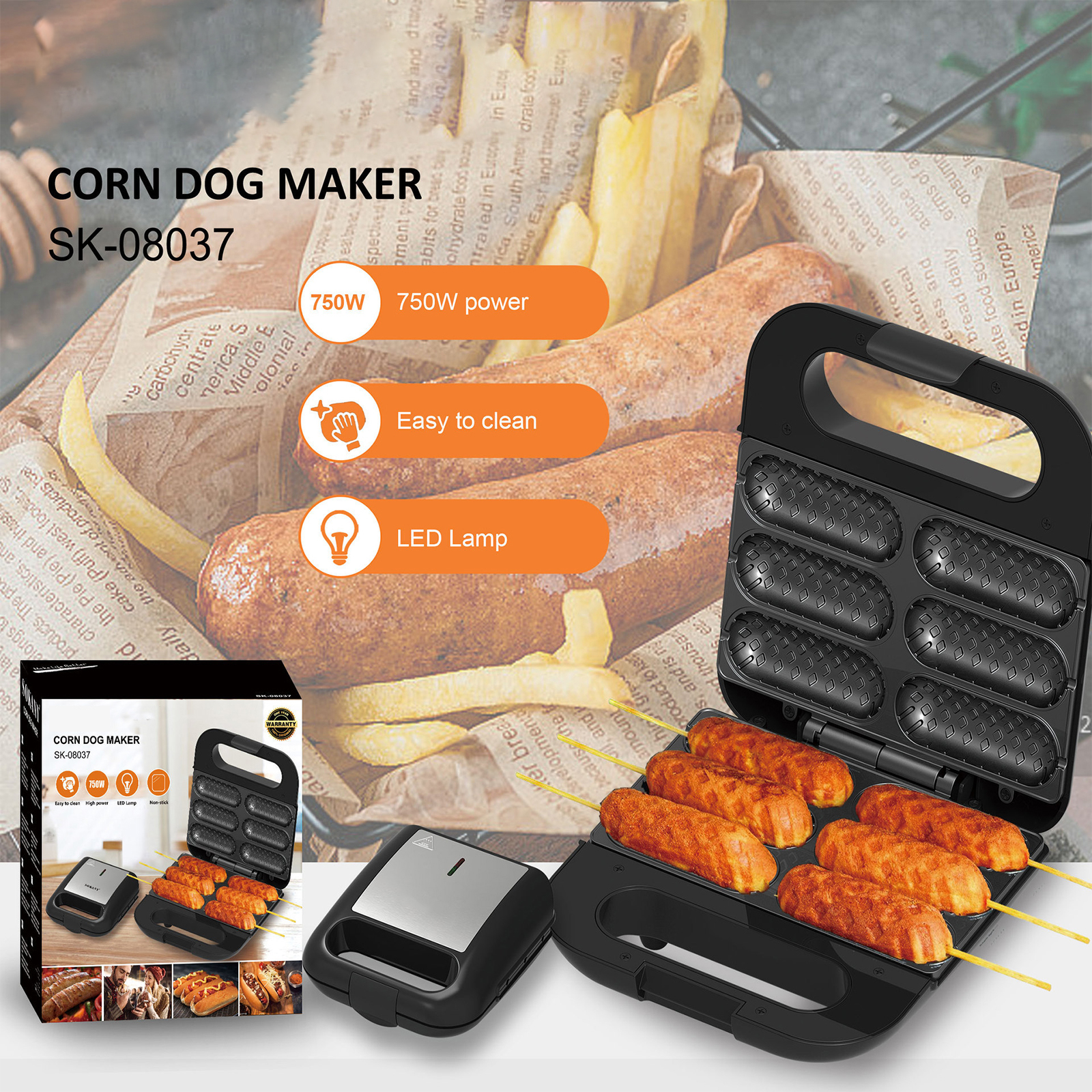 Waffle Maker, Corn Dog Waffle Maker with Non-stick Coating Plate, 750W Electric Hot Dog Waffle Machine Make 6 Corn Dogs, Easy to Clean, for Breakfast, Snacks, Desserts, Black