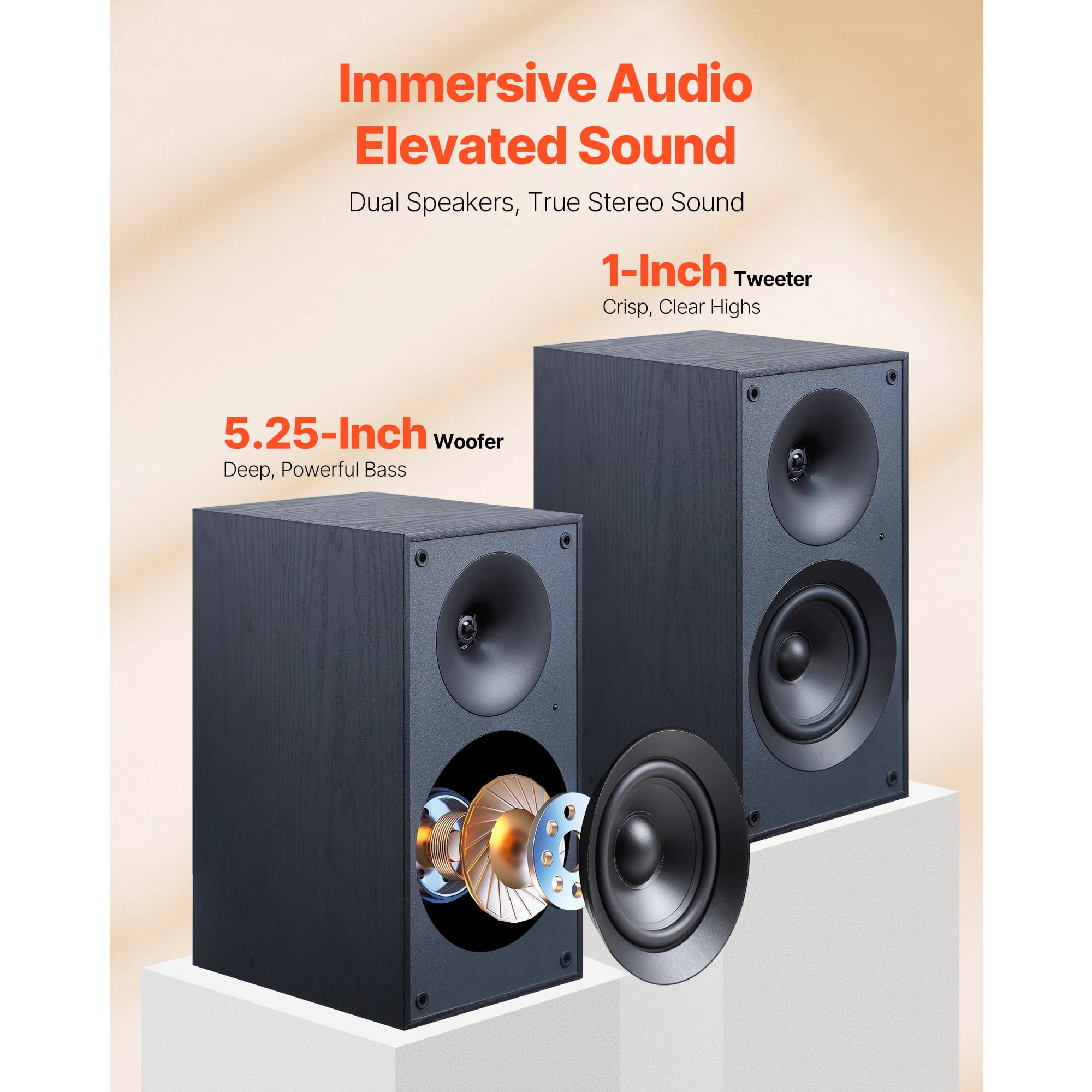 KFFKFF Powered Bookshelf Speakers, 25W x 2, Active Studio Monitor with 5.25-Inch Woofer, Bluetooth/RCA/Coaxial/Optical/USB/Subwoofer Support, Wooden Cabinet, Compatible with Turntables, PCs, and More