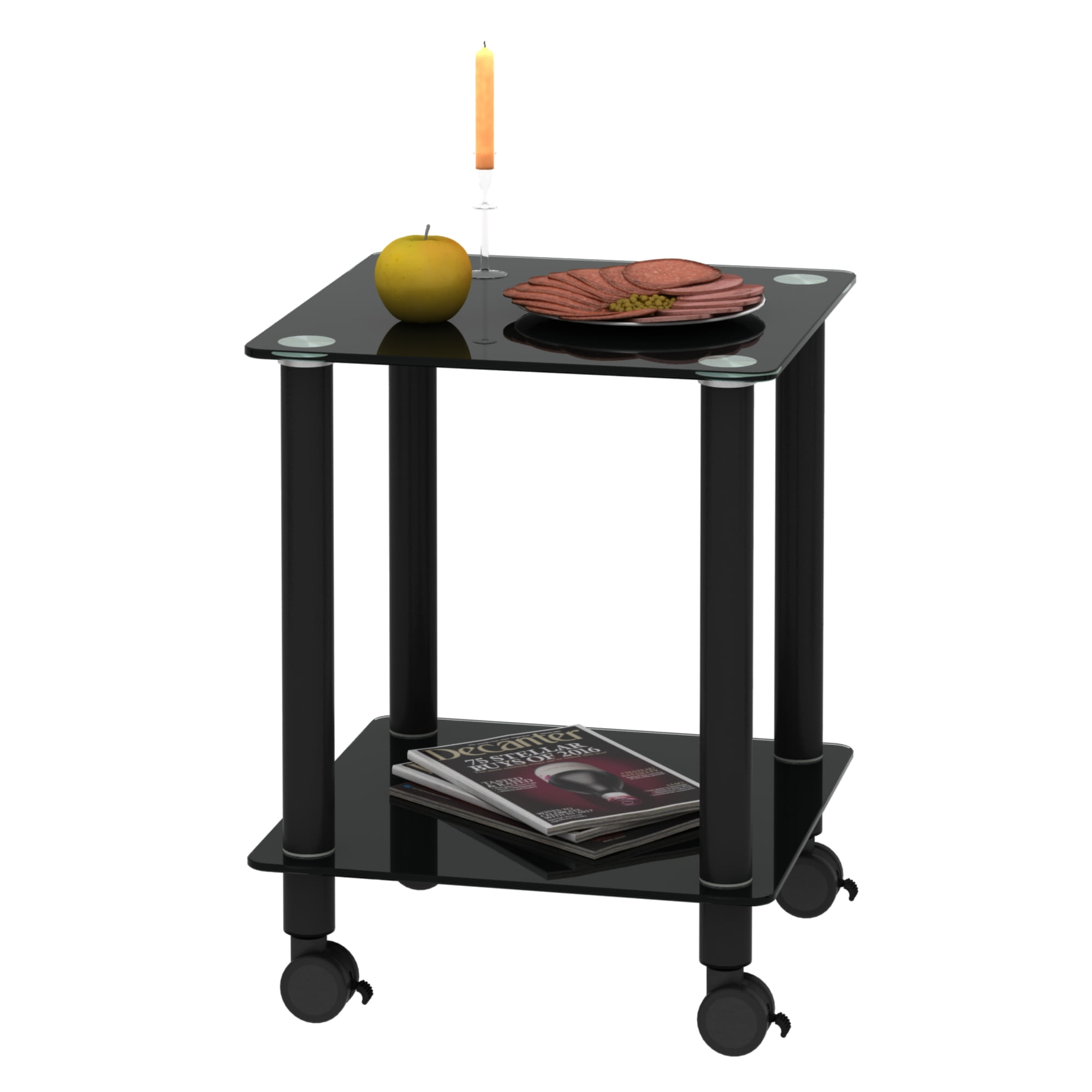 Resenkos 2-Tier Open Storage Small End Table with Glass Shelves and Removable Wheels, Black