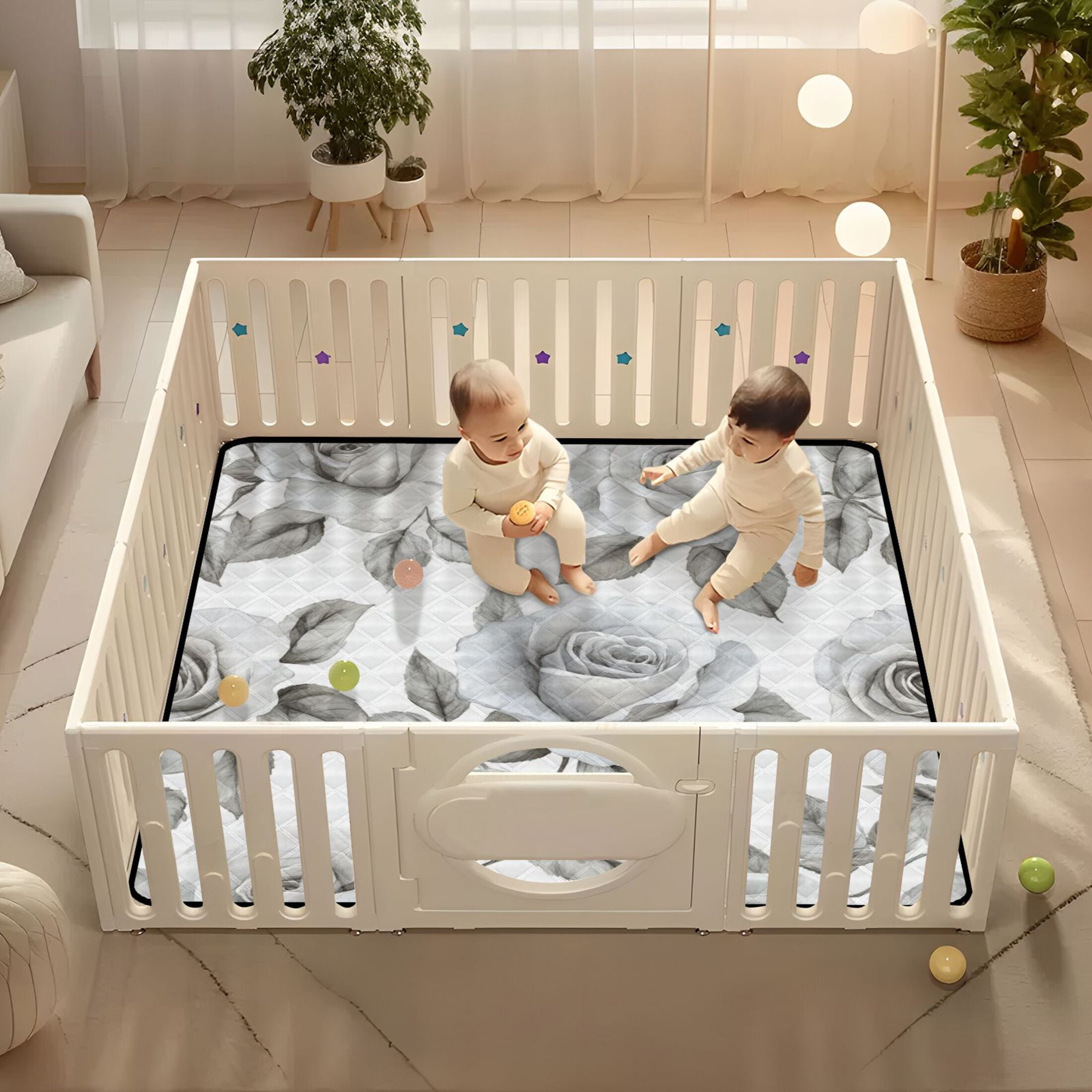 WOBOGO Rose Pattern in Gray and White Tones Baby Playmats Extra Large Waterproof Rollable Activity Pads for Toddlers 50×50inch