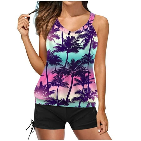 Women s Tankini Swimsuits Leisure Two Piece Elegant Top With Swimming Shorts Full Coverage Swim Suits For Women 2025 Swimwear Purple L