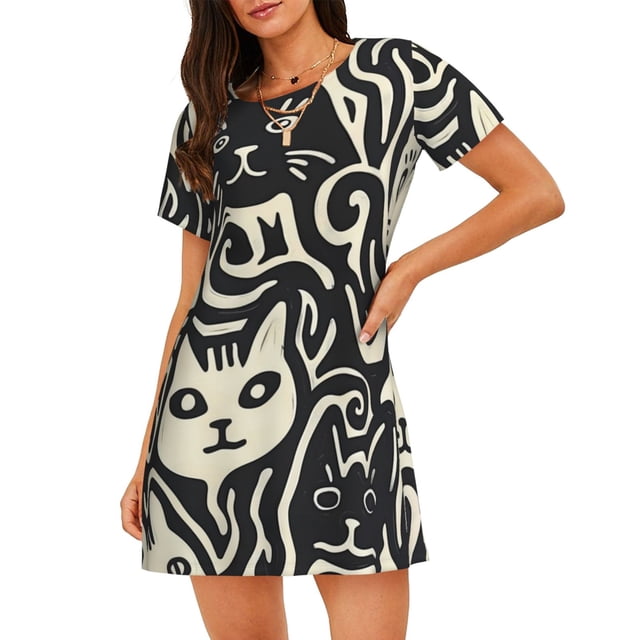 Fotbe Abstract Cat Faces Pattern Bata de Dormir para Mujer con Estampado, Camisón de Algodón de Manga Corta, Ropa de Dormir Casual