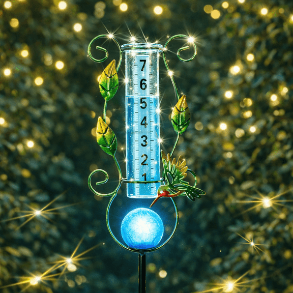 Outdoor Hummingbird & Leaf Solar Rain Gauge,Crackle Glass LED Ball, Metal Garden Stake for Patio, Lawn & Outdoor Decor