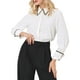 thumbnail image 1 of BLUSA DE TRABAJO ELEGANTE PARA MUJER CHIC INSPIRADA DE MANGA LARGA CON COLLAR PUNTA Y DETALLE DE TWEED, CAMISA CON BOTONES XL BLANCA, 1 of 1