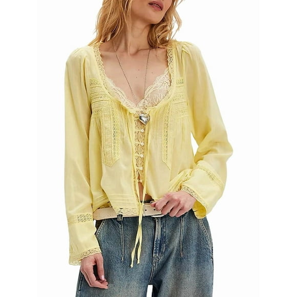Women Tie Front Long Sleeve Top Lace Trim Button Shirt Square Neck Loose Blouse Going Out Y2k Clothes Yellow S