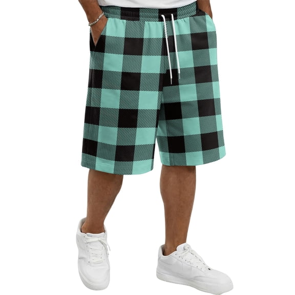 Casual Shorts for Men Knee Length Plaid Bermuda Shorts Lounge Beach Vacation Drawstring Wide Leg Pants with Pockets Cyan M