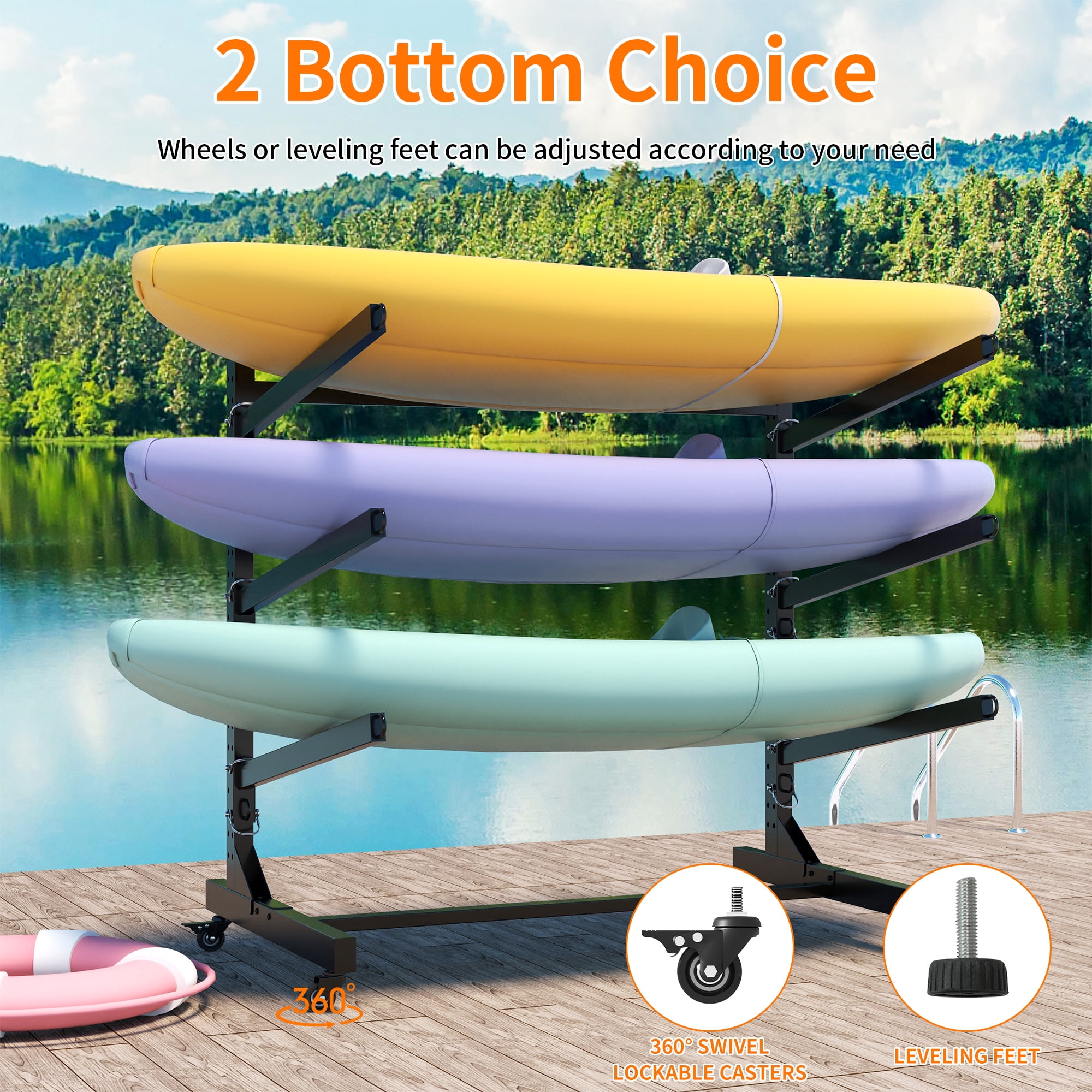 Freestanding Outdoor Kayak Storage Rack Hold 3 Kayaks Heavy Duty Adjustable Stand with Lockable Wheels for Kayak SUP Surfboard Canoe