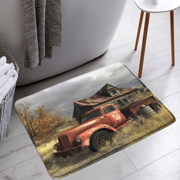 YSATNSFT Rustic Farmhouse Truck Bath Mat Vintage Red Antique Car Farm Wooden Barn Western Country Bathroom Bathtub Floor Rugs Doormat Toilet Decor,24 x 36 in