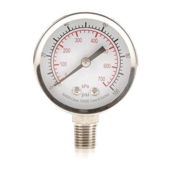 Commercial Pressure Gauge, 0 to 100 psi, 2 in Dial, 1/4 in NPT, Bottom Location