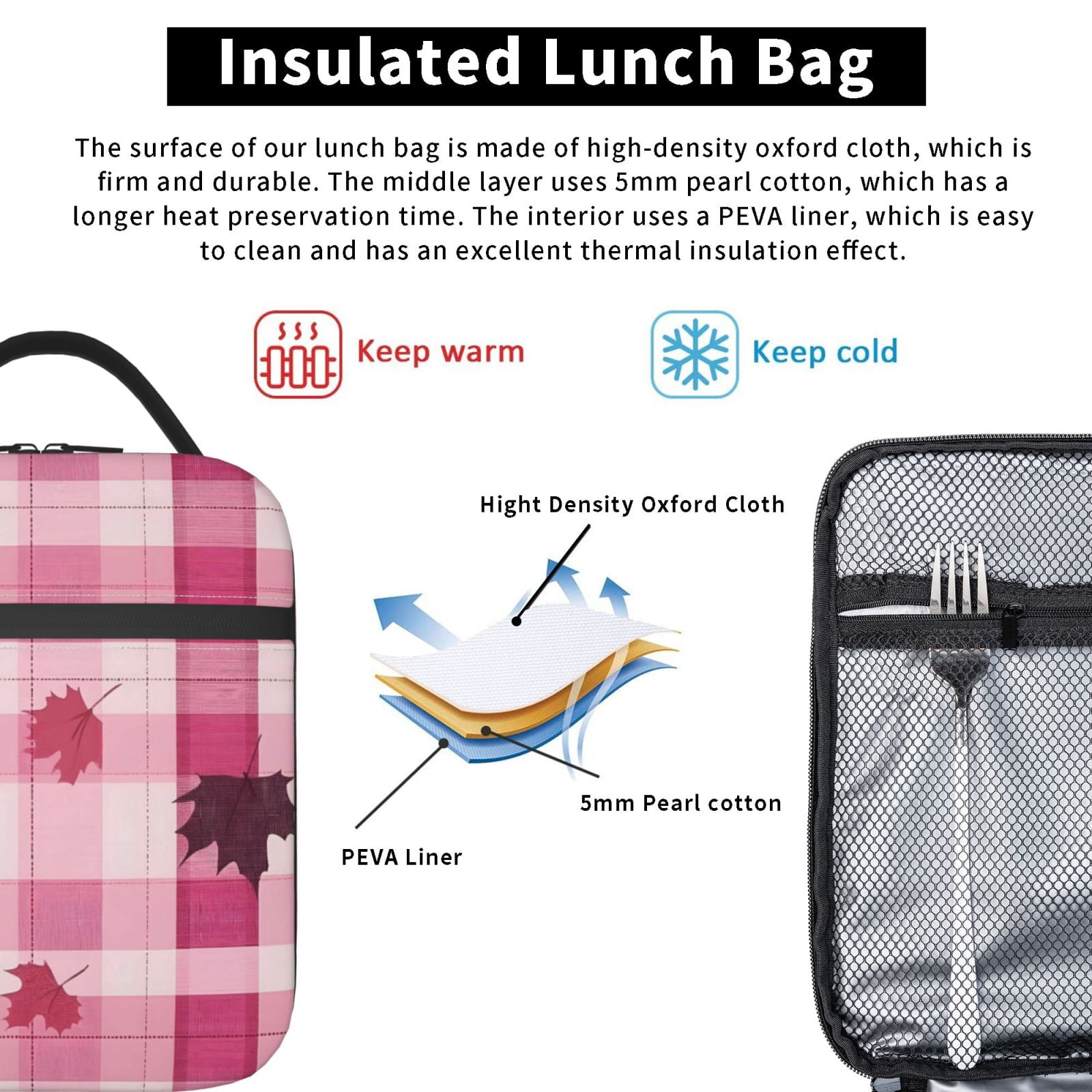 Lunch Bag For Women Men Insulated Portable Lunch Box Bento Box Office Picnic Travel Cooler Bag Plaid Fall Camo Pink_1