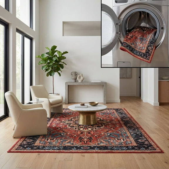 SAFAVIEH Riviera Ellie Medallion Polyester Machine Washable Area Rug, Red/Blue, 4'5" x 6'