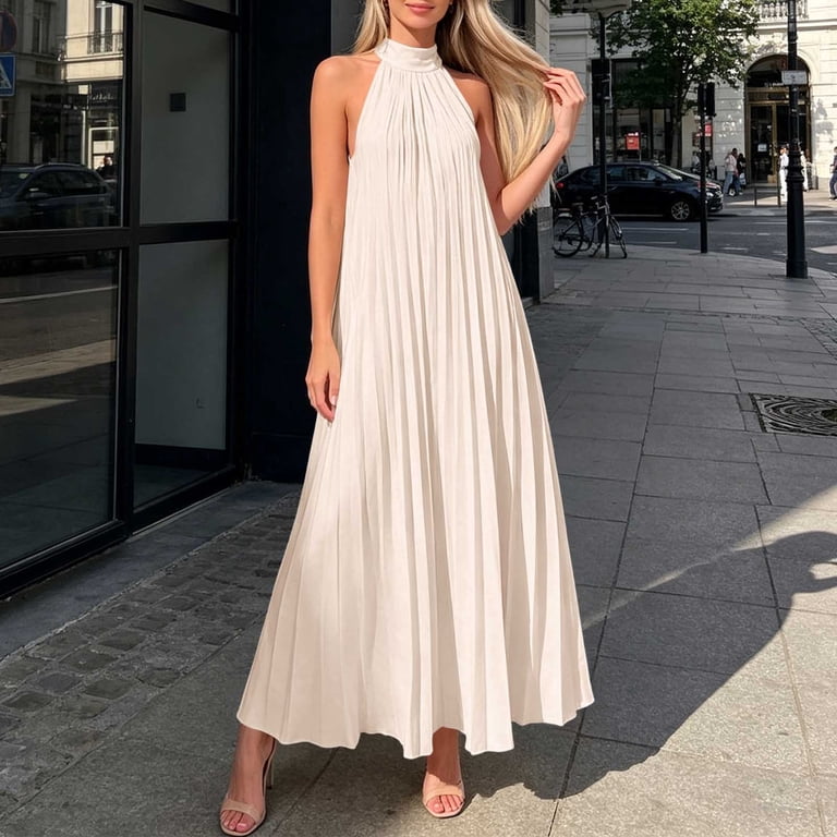 halter midi dress casual Hinvhai Pleated Halter Midi Dress for Women, High Neck Sleeveless Oversized Loose Solid Beach Casual Dress Beige Xl(xl), Women's