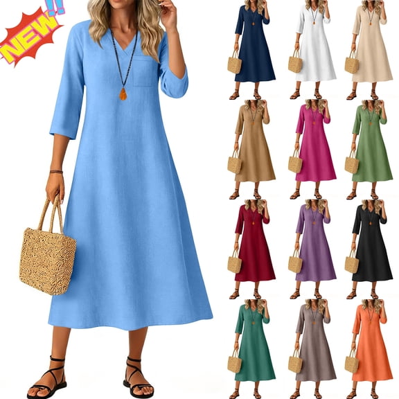 Taqqpue Women Summer Dress Solid Color 3/4 Sleeve Square Neck Long Dresses Casual Beach Vacation A Line Sundress Flowy Swing Maxi Dress with Pockets for Women