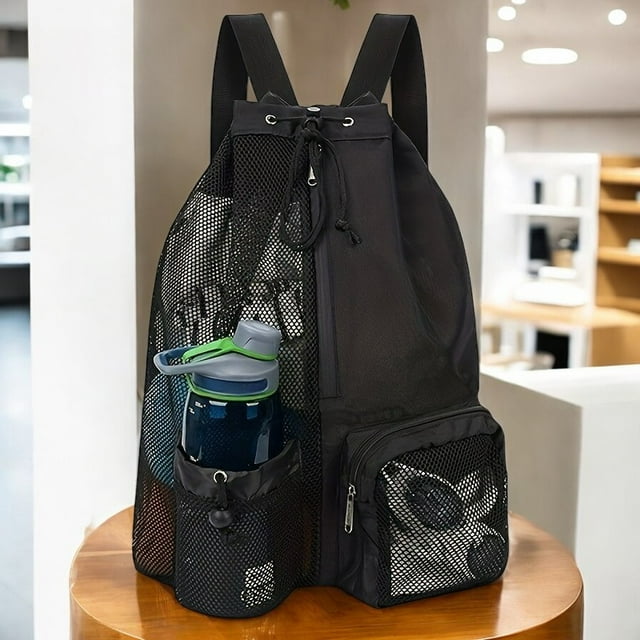 CNKOO Unisex Mesh Drawstring Backpack - Lightweight Nylon Beach Bag with Shoe Compartment Adjustable Shoulder Straps & Front Zipper Pocket for Swimming Fitness & Sports 5 Color Options