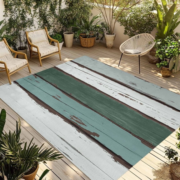 Green Gray White Wooden Grain Outdoor Area Rug 3x5ft Decorative Indoor Outdoor Rug Retro Farmhouse Patio Area Rug for Porch, Deck, Balcony, Entryway, Camping & RV