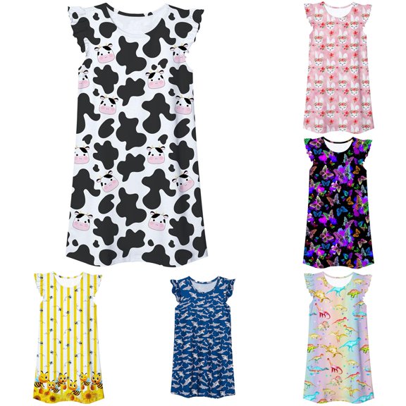 Gunia Kids Girls Nightgowns Pjs For Girls Flutter Sleeve Kids Dress Gown Casual Cute Dresses Night Gowns Sleepwear Black S