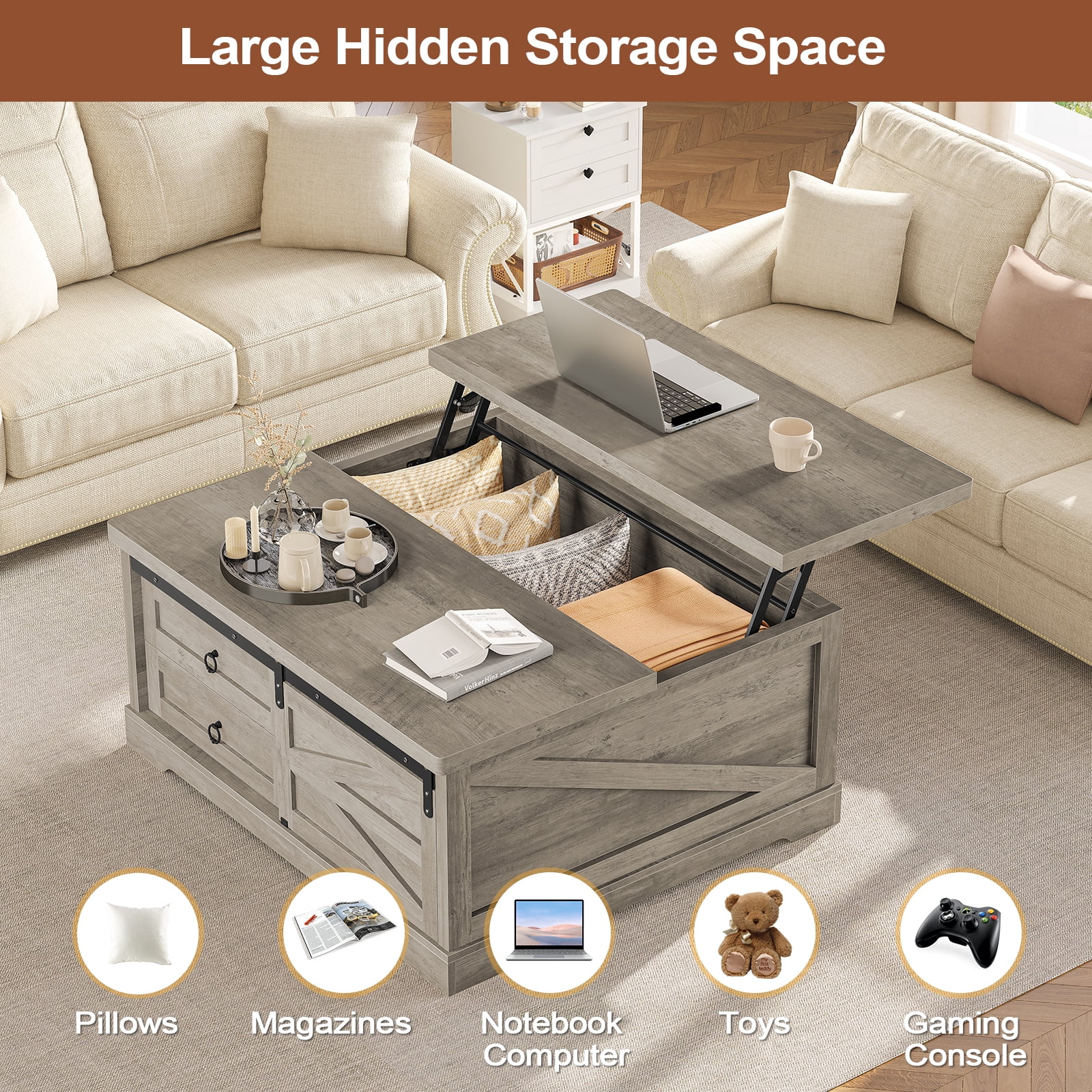 39.4'' Lift Top Coffee Table with 2 Storage Drawers and Large Hidden Compartment, Farmhouse Coffee Table for Living Room