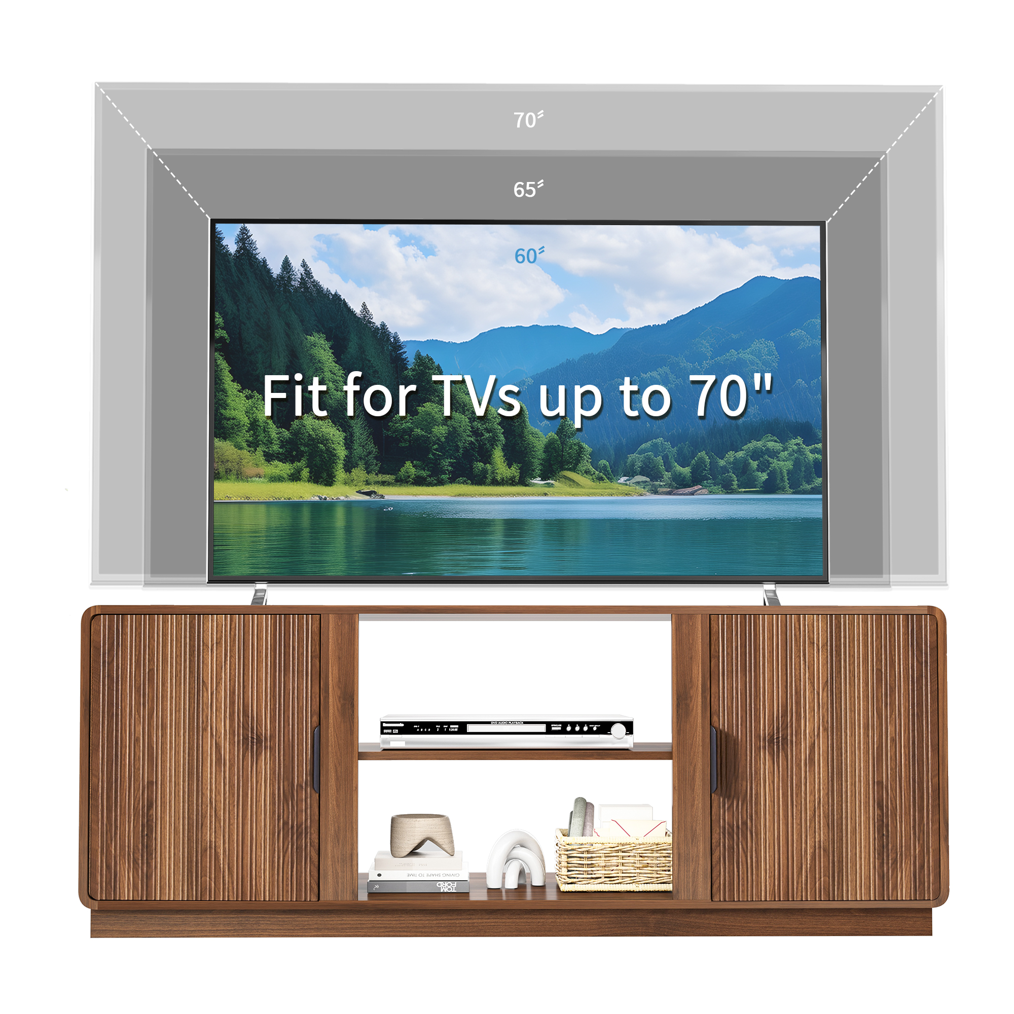 LEFHDA 60-inch Mid Century Modern TV Stand with Fluted Design & 2 Storage Cabinets, Entertainment Center for TVs up to 75" with Adjustable Shelf and Cable Management