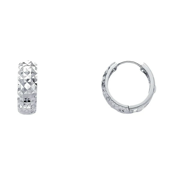 14K Solid White Gold Diamond Cut Huggies Earrings 5 mm Wide Secured Click top Setting
