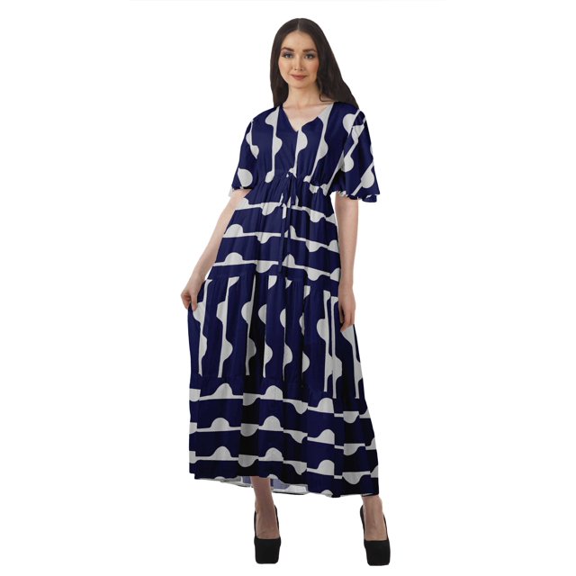 Moomaya Tunique à Manches Courtes Robes de Cocktail pour Femmes Robe en Coton Slub Imprimée