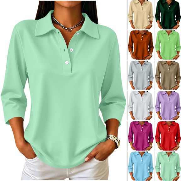 WULMLEO Polo Shirts for Women 3/9 Sleeve Collared Button Golf Work Cute Fall Tops Mint Green L