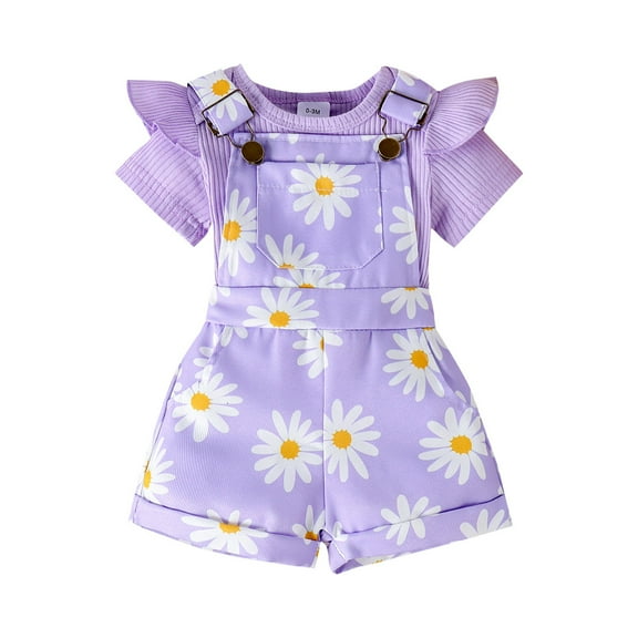 MEZZALL Baby Girls Solid Color Ribbed Bodysuit With Floral Print Overalls Outfits Sets For 0 18 Months Summer Outdoor Play 3-6 Months Classic Kids Wear