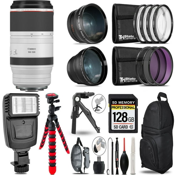 Canon RF 100-500mm f/4.5-7.1 L IS USM Lens -3 Lens Kit   Slave Flash   Tripod - 128GB Accessory Bundle (International Version)