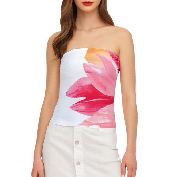 FYEGRE Strapless Tube Tops for Women Summer Y2K Floral Bandeau Cute Crop Tops Trendy Sleeveless Going Out Outfits White S