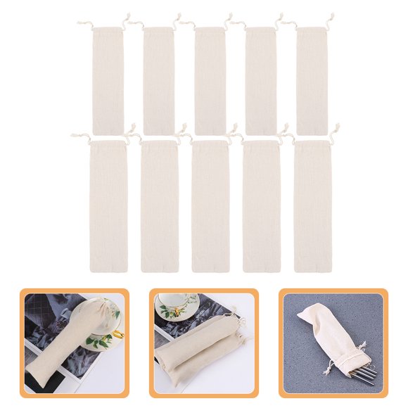 AURARMLET 10Ud Bolsas Para Cubiertos Reutilizables Con Cordón En Y Lino Para Uso Diario