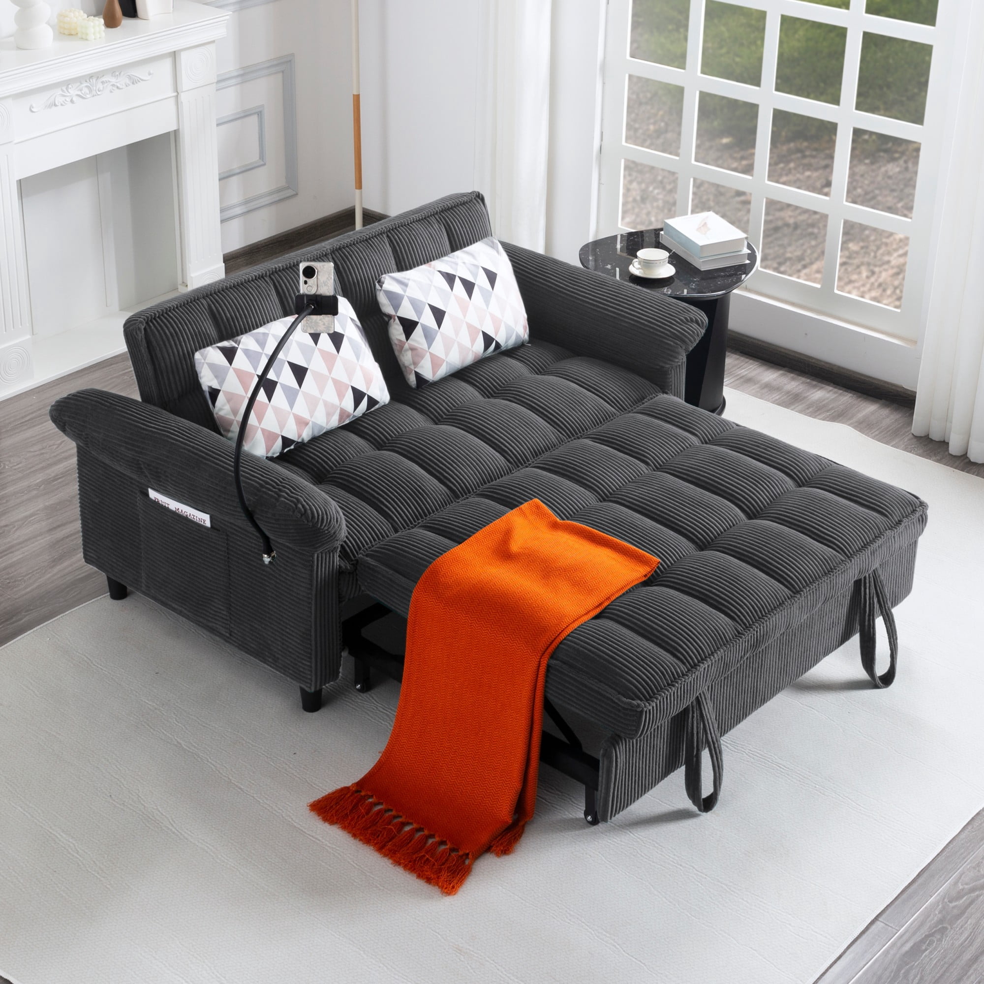 BSHTI 58.27" Corduroy Convertible Sofa Bed with Pull Out Sleeper, 3-Position Backrest, Storage Pocket for Living Room Guest Room, Black（Dark Grey）