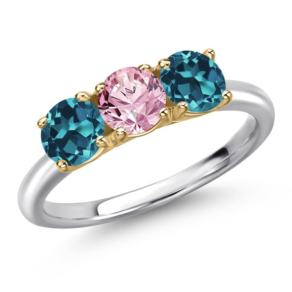 Gem Stone King 925 Silver and 10K Yellow Gold Pink Lab Grown Diamond and London Blue Topaz Engagement Ring for Women | 1.90 Cttw | Round 5MM | Gemstone April Birthstone | Size 8