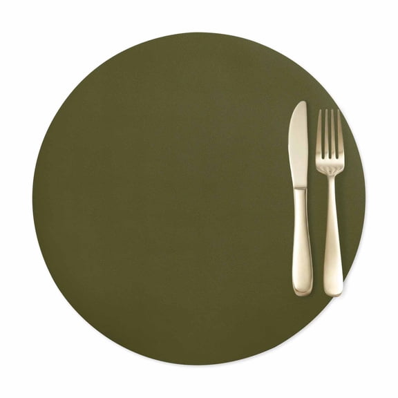 Round Placemats Set of 1, Minimalist Art Solid Color Faux Leather Placemat Waterproof Oil-Proof Wipeable Table Mats 12in, Pure Olive Dark Green Washable Place Mats for Kitchen Dining Table Party