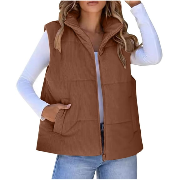 Sevevn Corduroy Cropped Puffer Vest for Women Lightweight Stand Collar Sleeveless Jackets Zip Up Clothes Fashion 2025